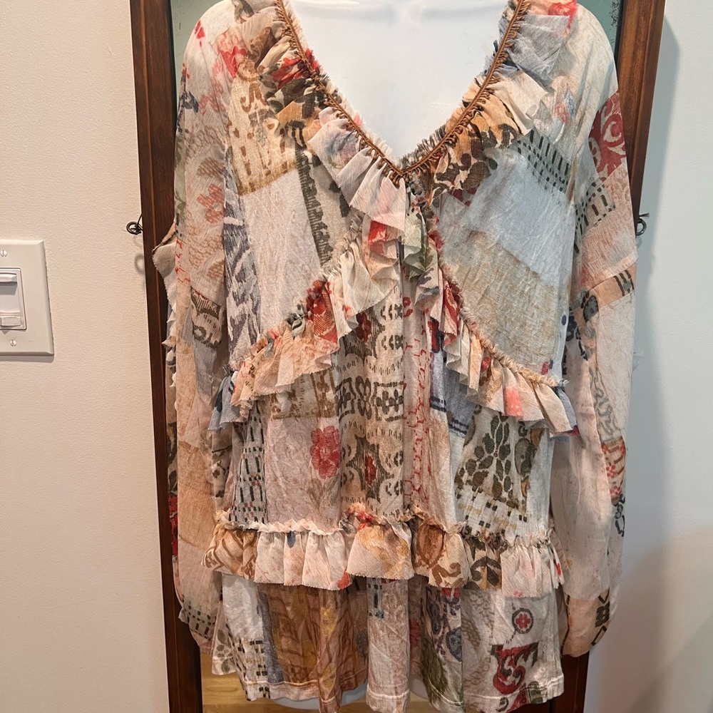 Anthropologie TINY Patchwork Ruffle Blouse in Cream, Tan, Rust, Olive MEDIUM